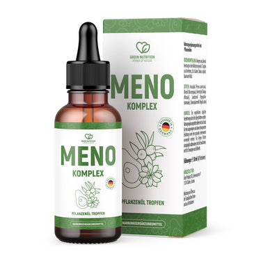Meno Komplex Flasche und Verpackung mit Pflanzenmotiv und Text Pflanzenöl Tropfen